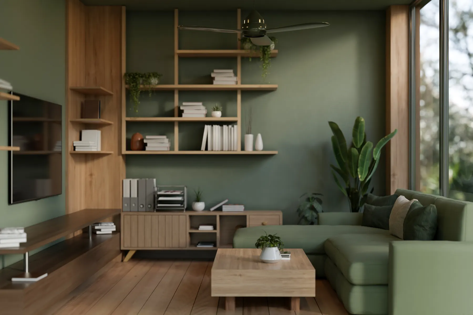 A rendered sage green living room with a wood panelled feature wall, open oak shelving, a corner sofa and floor to ceiling glazing
